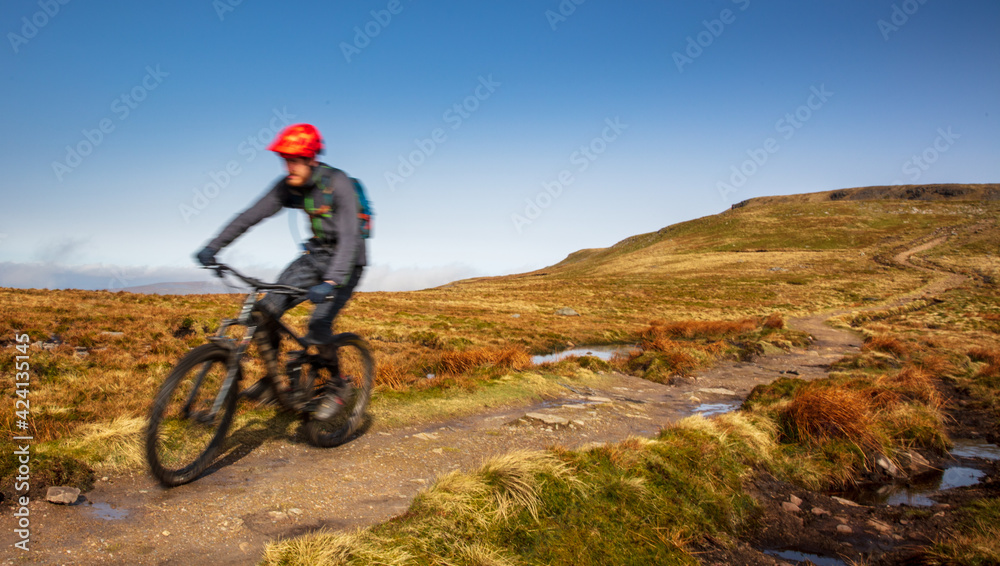 Mountain Biker downhill - descending Ingleborough, Yorkshire