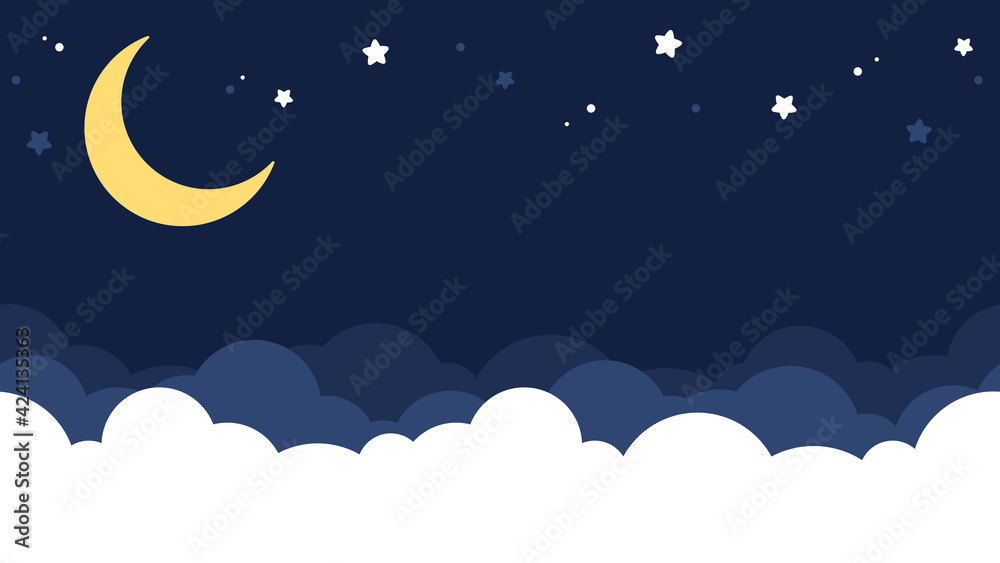Dark blue night sky with moon and stars background. Flat vector ...