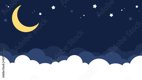 Dark blue night sky with moon and stars background. Flat vector illustration.