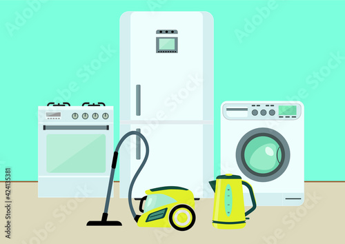 set of household appliances on the background of the wall and floor Kitchen stove refrigerator washing machine and dust extractor vector illustration