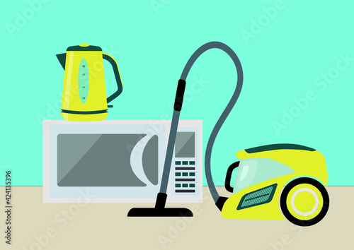 set of small household appliances on the background of the wall and floor dust extractor kettle and microwave vector illustration