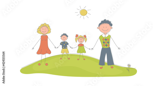 Happy family smiling stand holding hands on grass lawn with daisy. The sun is shining.Father, mother, daughter and son. For ad family clinic, children center and goods for kids.Hand drawn vector