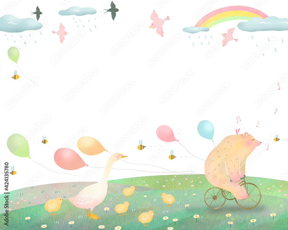 かわいい動物の北欧風オシャレな白バックの風景フレームイラスト素材 Stock イラスト Adobe Stock