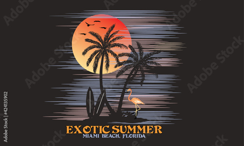 Flamingo palm surfing beach and retro sun vibes vector artwork t-shirt design