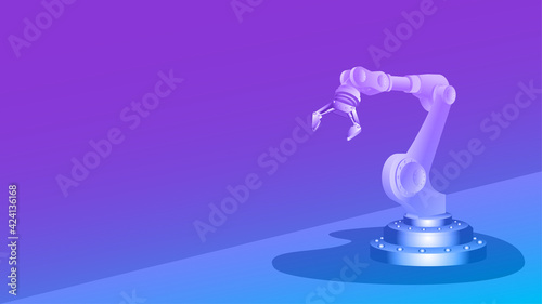Mechanical robotic arm with gripper and copy space on colored background. Template for banner or website. Vector illustration.