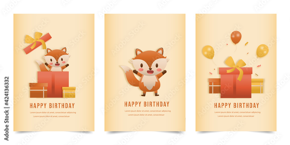 Invitation birthday greeting card with a cute animal and gift box. jungle animals celebrate children's birthday and template invitation papercraft style vector illustration.
