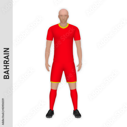 3D realistic soccer player mockup. Bahrain Football Team Kit template design