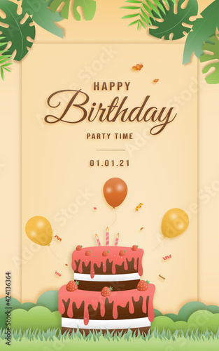 Cartoon happy birthday card with cake. Greeting cards with cute safari or jungle animals party in the tropical forest. Template invitation papercraft style vector illustration.