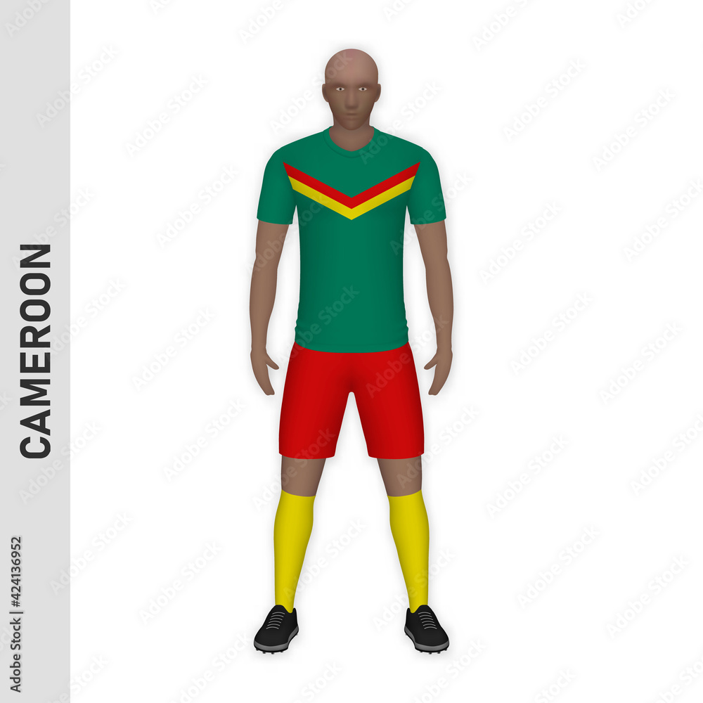 3D realistic soccer player mockup. Cameroon Football Team Kit template