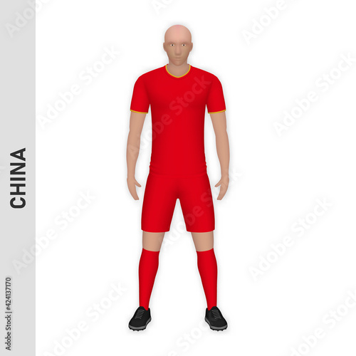 3D realistic soccer player mockup. China Football Team Kit template design