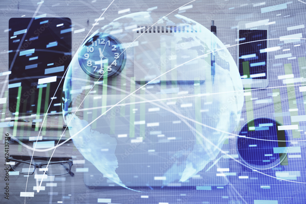 Double exposure of business theme hologram over desktop with phone. Top view. Mobile international trade connection concept. Double exposure of business theme hologram over desktop with phone. Top view. Mobile international trade connection concept.