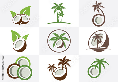 Creative modern coconut with leaves sign logo design template. Icon set