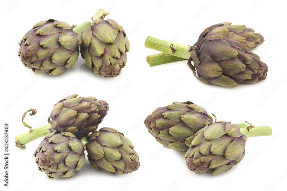 Fototapeta premium whole artichokes with a stem on a white background