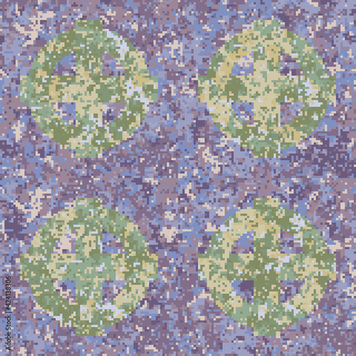 Seamless blue-green pixel camouflage pattern with celtic crosses. Editable.