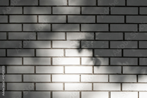 White brick wall with grey cement and deep shade from tree leaves. Abstract outdoor background. Copy space.