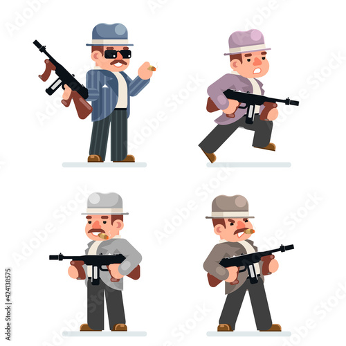 Retro gangster mafia set dangerous criminal submachine gun thug prohibition character icon flat design vector illustration