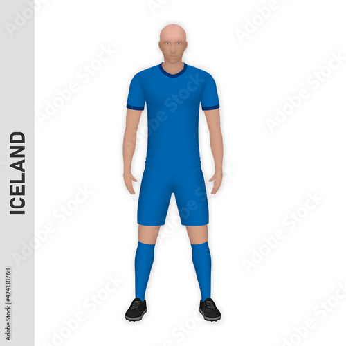 3D realistic soccer player mockup. Iceland Football Team Kit template