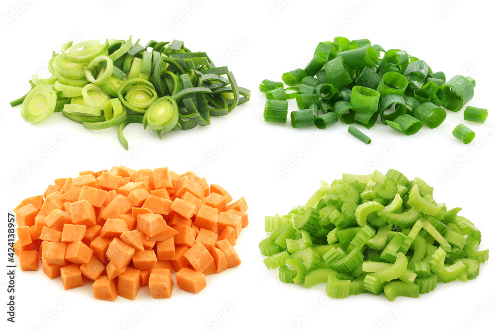 Cut leek, celery, spring onion and brunoise cut sweet potato pieces on