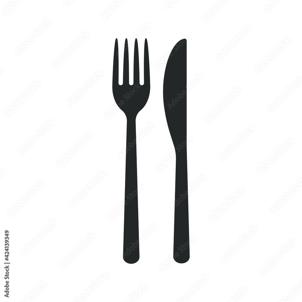 Fork and knife icon logo. Simple flat shape restaurant or cafe place sign. Kitchen and diner menu symbol. Vector illustration image. Black silhouette isolated on white background. Fork and knife icon logo. Simple flat shape restaurant or cafe place sign. Kitchen and diner menu symbol. Vector illustration image. Black silhouette isolated on white background.