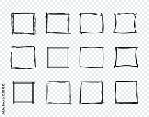 Vector Hand Drawn Scribble Square Frames on Transparent Background, Design Elements Set, Sketched Square Frames.