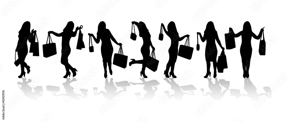 Set of silhouettes of shopping wom n with bags. Black color. Variuos poses. Vector illustration. Template for banner,