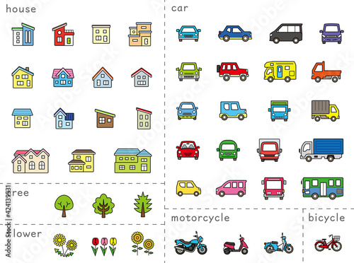家と車と二輪車と植物のアイコンセット(未拡張の線画にカラー)分類バージョン