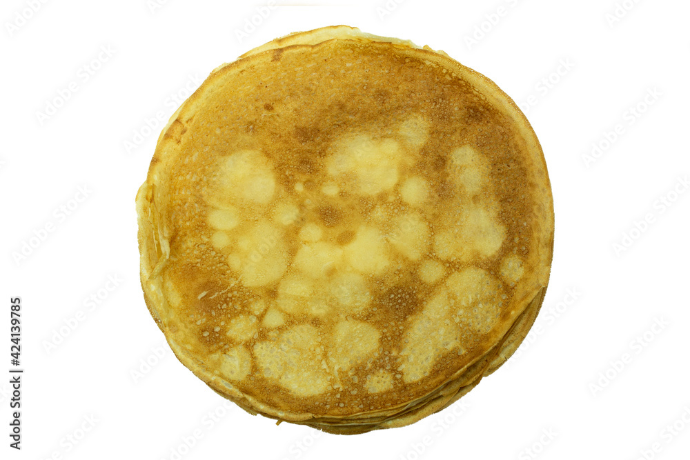 Pancakes on a white isolated background, top view