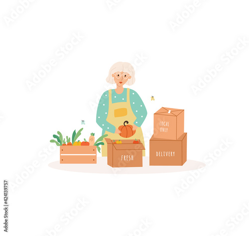 Adult farmer woman packaging fresh vegetables in cardboard box for delivery. Small business concept, local food, organic production. Vector cartoon illustration on white background.