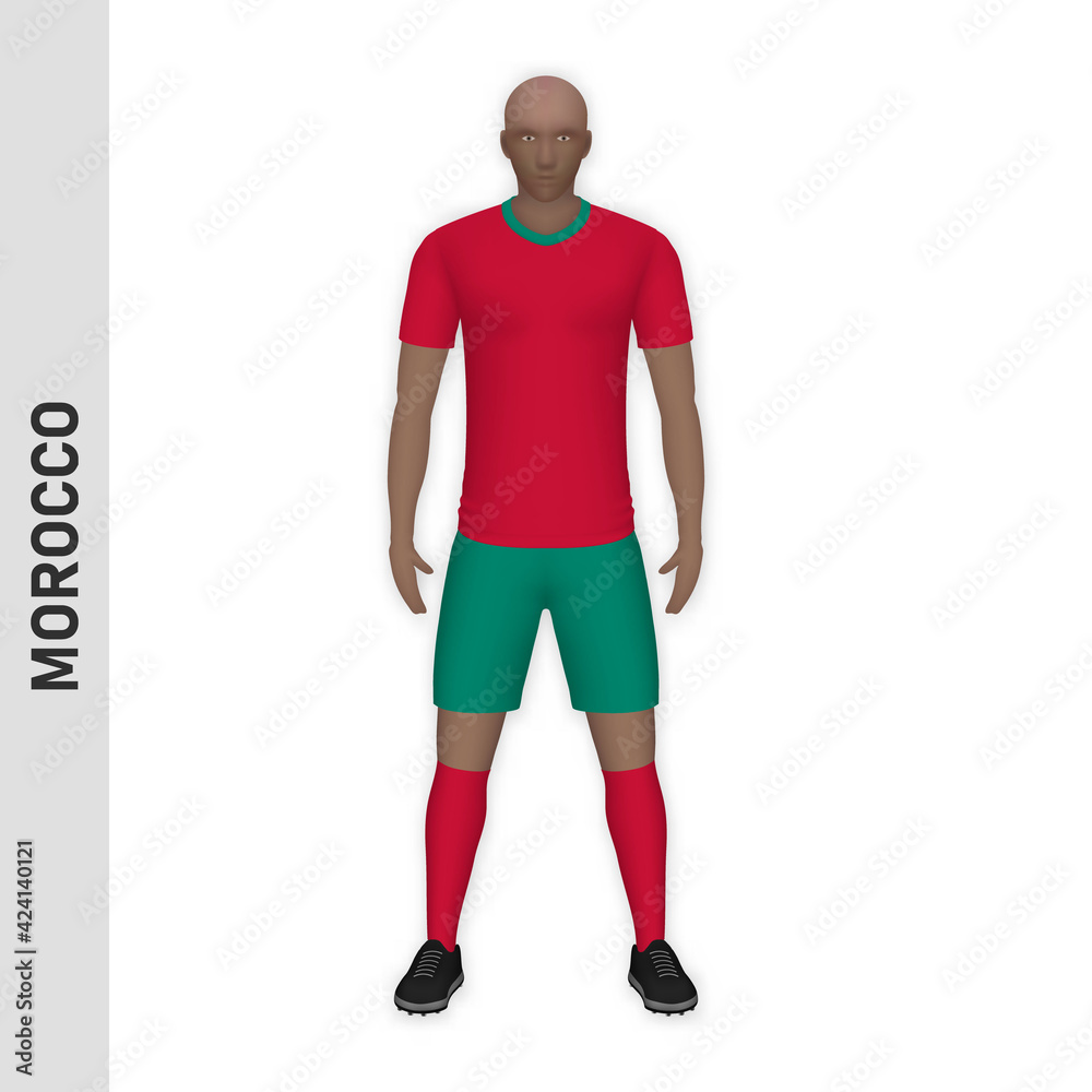 3D realistic soccer player mockup. Morocco Football Team Kit template