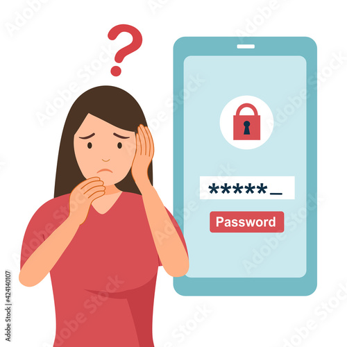 Woman forgot password to login to mobile app in flat design on white background. Forgetful female.