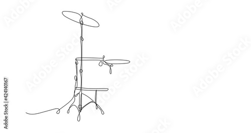 Self-drawing animation of a continuous line drawing  of drum set, isolated. Concept of percussion musical instruments, modern music, rock. Black line on white background