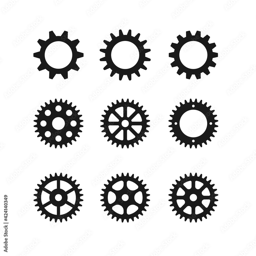 Gear wheel icon logo set vector. Gear wheel, cogwheel icons collection on white background