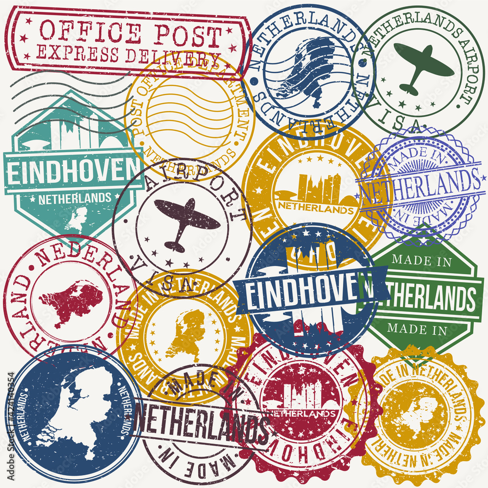 Fototapeta premium Eindhoven Netherlands Set of Stamps. Travel Stamp. Made In Product. Design Seals Old Style Insignia.