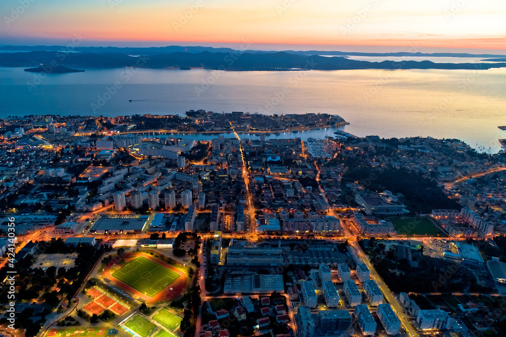 Colorful nightscapes of city Zadar aerial view