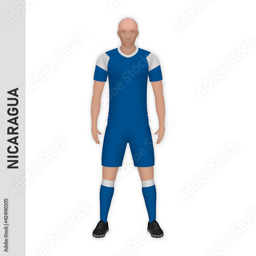3D realistic soccer player mockup. Nicaragua Football Team Kit template