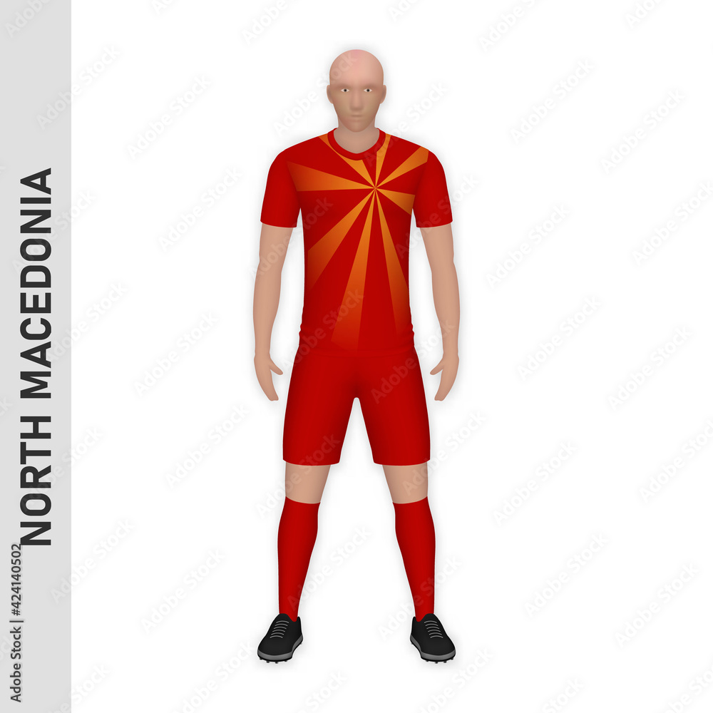 3D realistic soccer player mockup. North Macedonia Football Team Kit template
