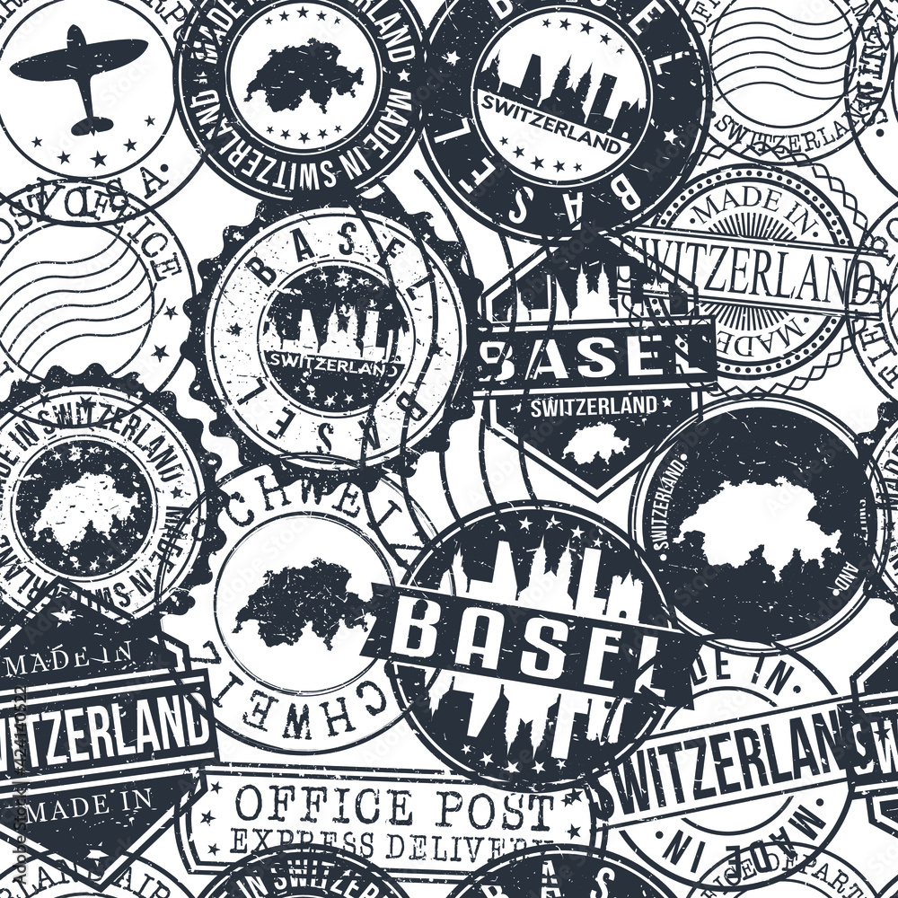 Basel Switzerland Stamps Background. City Stamp Vector Art. Postal Passport Travel. Design Set Pattern. Basel Switzerland Stamps Background. City Stamp Vector Art. Postal Passport Travel. Design Set Pattern.