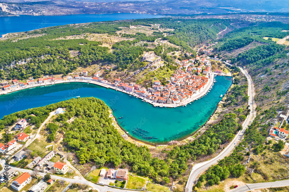 Novigrad Dalmatinski bay panoramic aerial view