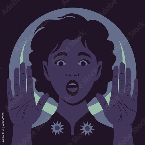 The African young woman with open palms forward. The shocked face. Gesture of stop. Fear and stress. Vector flat illustration