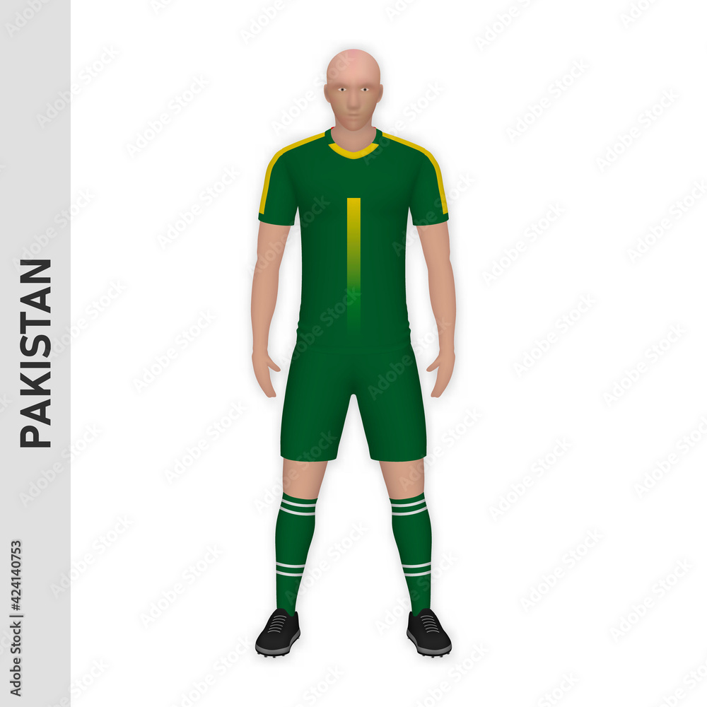 3D realistic soccer player mockup. Pakistan Football Team Kit template