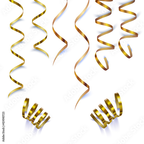 Golden serpentine, set of gold streamers isolated on white, ribbons for decoration, vector illustration