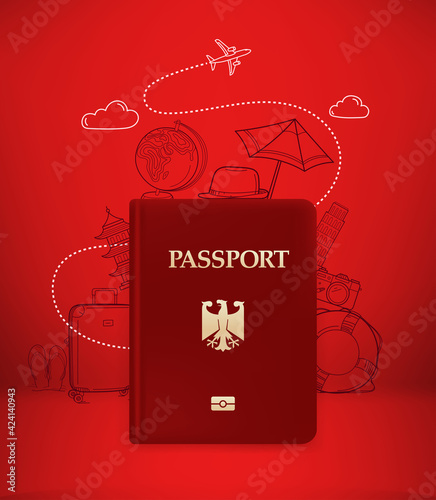 Travel illustration with passport and cute doodle elements. Vector illustration with famous monuments