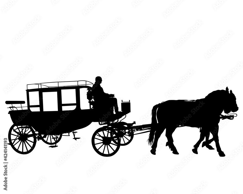 Old carriage with horses goes down the street. Isolated silhouette on white background