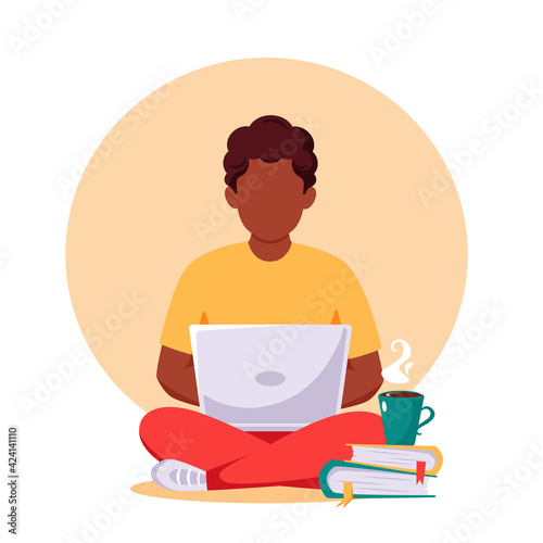 Black man working on laptop. Freelance, remote work concept. Vector illustration