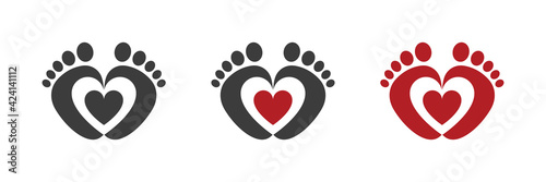 Baby foot barefoot heart icon. Set.