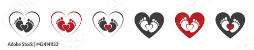 Baby foot barefoot heart icon. Set.