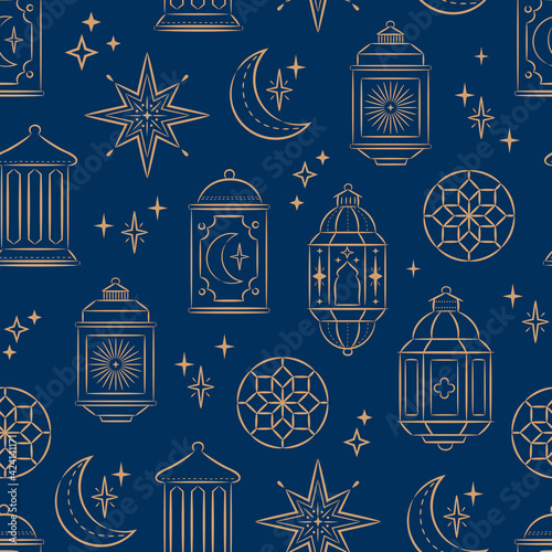 Decorative arab lanterns and stars . Beautiful festive seamless pattern. Greeting card, invitation for muslim holiday Ramadan Kareem, Eid-ul-Fitr. Vector illustration background. 