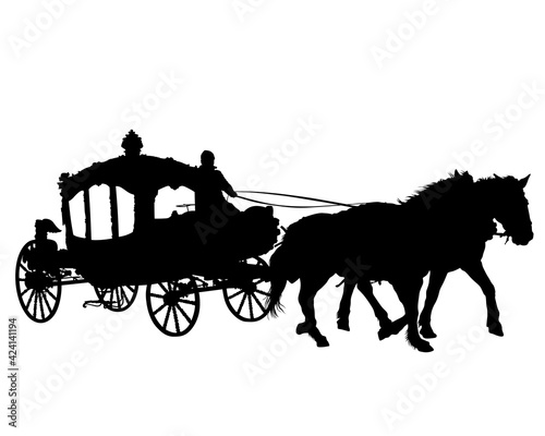 Old carriage with horses goes down the street. Isolated silhouette on white background