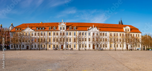 Panoramic view over major square with fountains in Magdeburg by Cathedral and Government Office, at sunny day and blue sky. © neurobite
