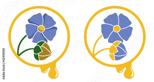Linseed oil flat icon with flower, seeds and drop 